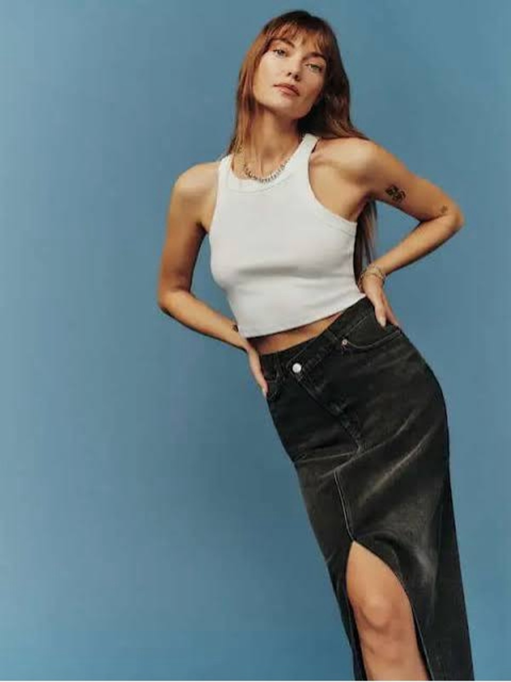 Reformation Nila Black Asymmetrical Waist Denim Midi Skirt, size 27